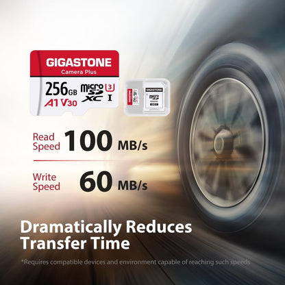 256GB Camera plus Series Memory Card, Read Speed up to 100Mb/S. Ideal for Full HD Video Gopro Drone Android Camera, A1 Micro SDXC Card with Mini Case and SD Adapter.